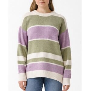 Christian Siriano New York Womens Cozy Striped Sweater Green Purple Ivory Size L